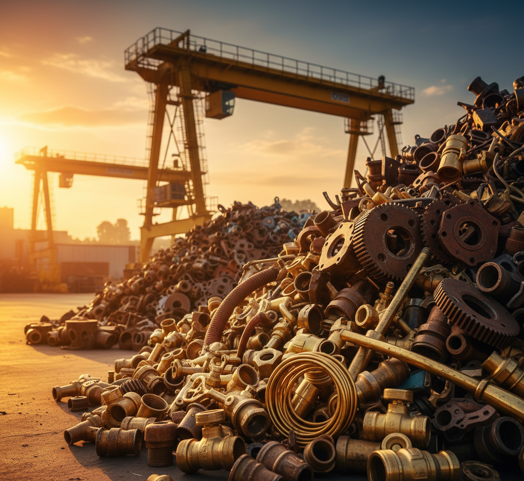 Σωρός από λαμπερά εξαρτήματα μπρούτζου και ορείχαλκου σε μάντρα ανακύκλωσης, που δείχνει την υψηλή αξία τους το 2025.