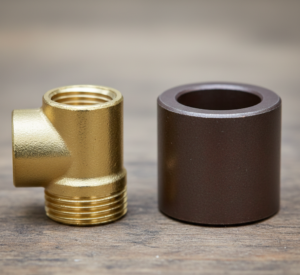 Κοντινή λήψη που δείχνει τη χρωματική διαφορά μεταξύ κίτρινου ορείχαλκου και κοκκινωπού μπρούτζου.