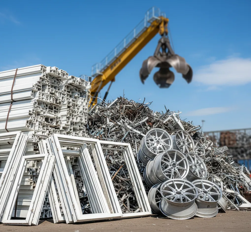 Συλλογή από σκραπ αλουμινίου, κουφώματα και ζάντες αυτοκινήτων, σε μάντρα ανακύκλωσης το 2025.
