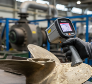 Τεχνικός ελέγχει τη σύσταση μπρούτζινου εξαρτήματος με ειδικό αναλυτή μετάλλων (XRF) για ακριβή κοστολόγηση.