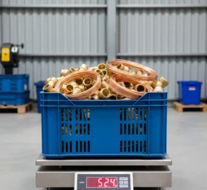 Ψηφιακή ζυγαριά ακριβείας που δείχνει το βάρος φορτίου χαλκού για υπολογισμό της αξίας.