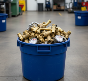 Συλλογή από παλιές ορειχάλκινες βρύσες και υδραυλικά εξαρτήματα έτοιμα για πώληση ως σκραπ.