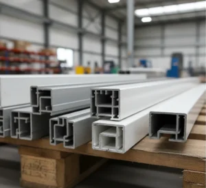 Στοίβα από καθαρά προφίλ αλουμινίου και παλιά κουφώματα έτοιμα για πώληση ως σκραπ.