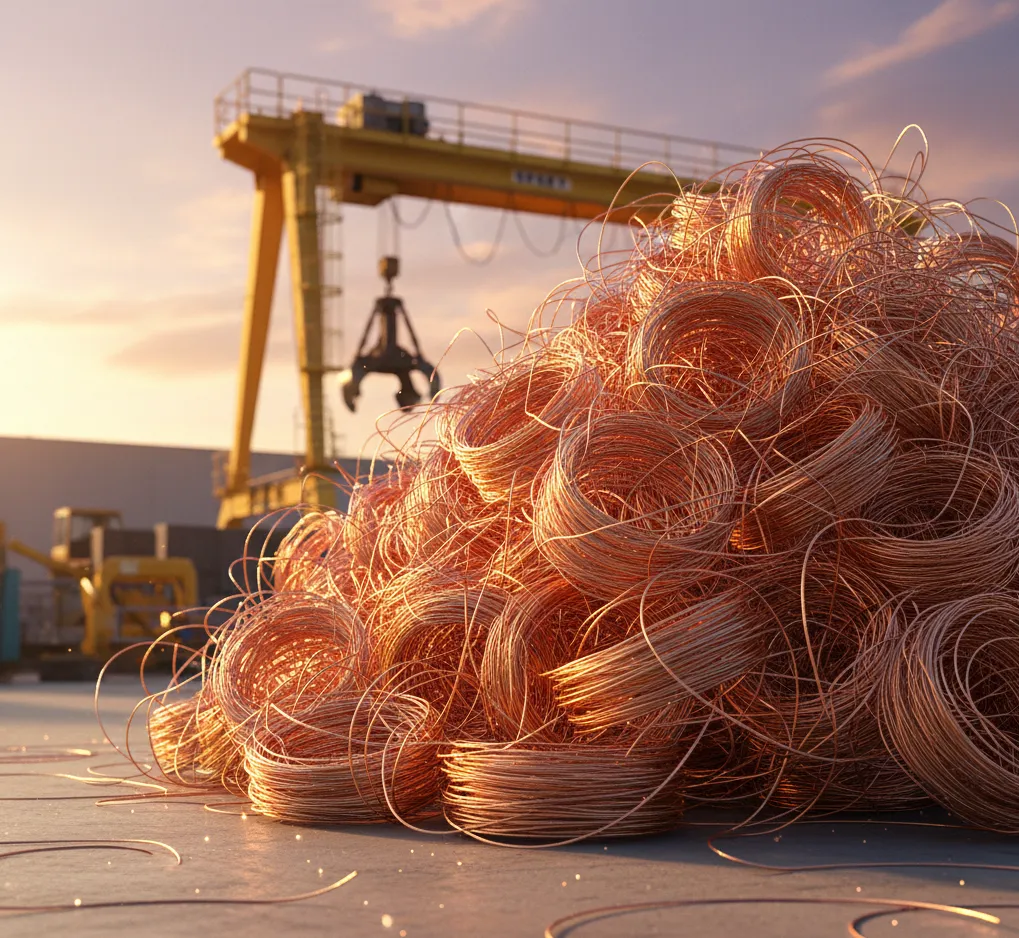 Σωρός από λαμπερό, καθαρό χαλκό (Bright Copper) σε μάντρα ανακύκλωσης, που δείχνει την υψηλή αξία του το 2025.