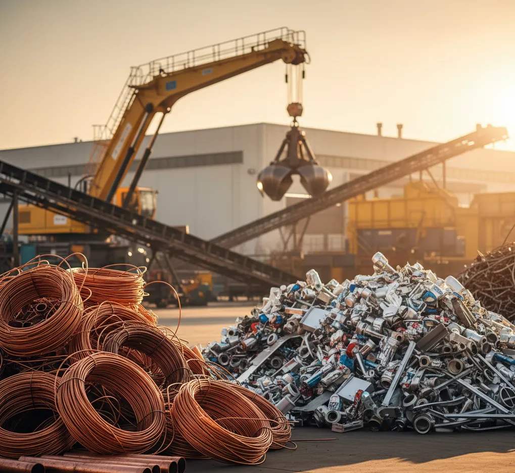 Σωρός από διαχωρισμένα μέταλλα σκραπ, όπως χαλκός και αλουμίνιο, έτοιμα για πώληση και ανακύκλωση.