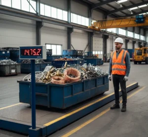 Επαγγελματική ζύγιση φορτίου σκραπ σε πιστοποιημένη πλάστιγγα κέντρου ανακύκλωσης.